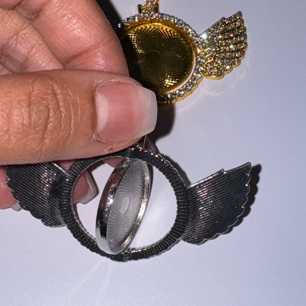 Photo Keepsake Spinning Winged Pendant • Sparkling Crystals Memory Picture Charm - Picture 3 of 6
